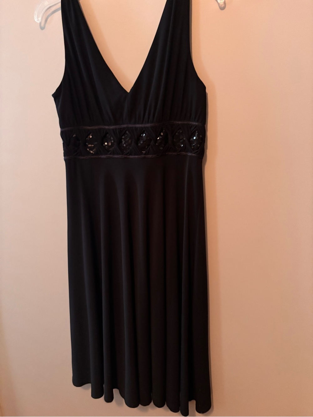 Anne Klein Black V-Neck Dress with Sequin Waistband